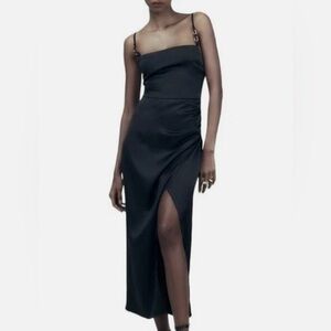 ZARA Black Satin Cut Out Back Midi Dress